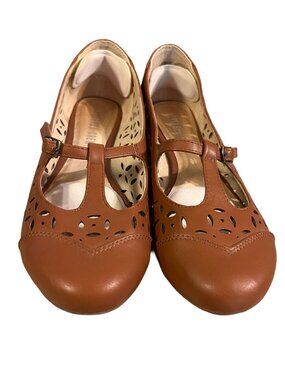 Chelsea Crew Sicily Tan T-Strap Laser Cut Out Leather Flats Size 38 US 7